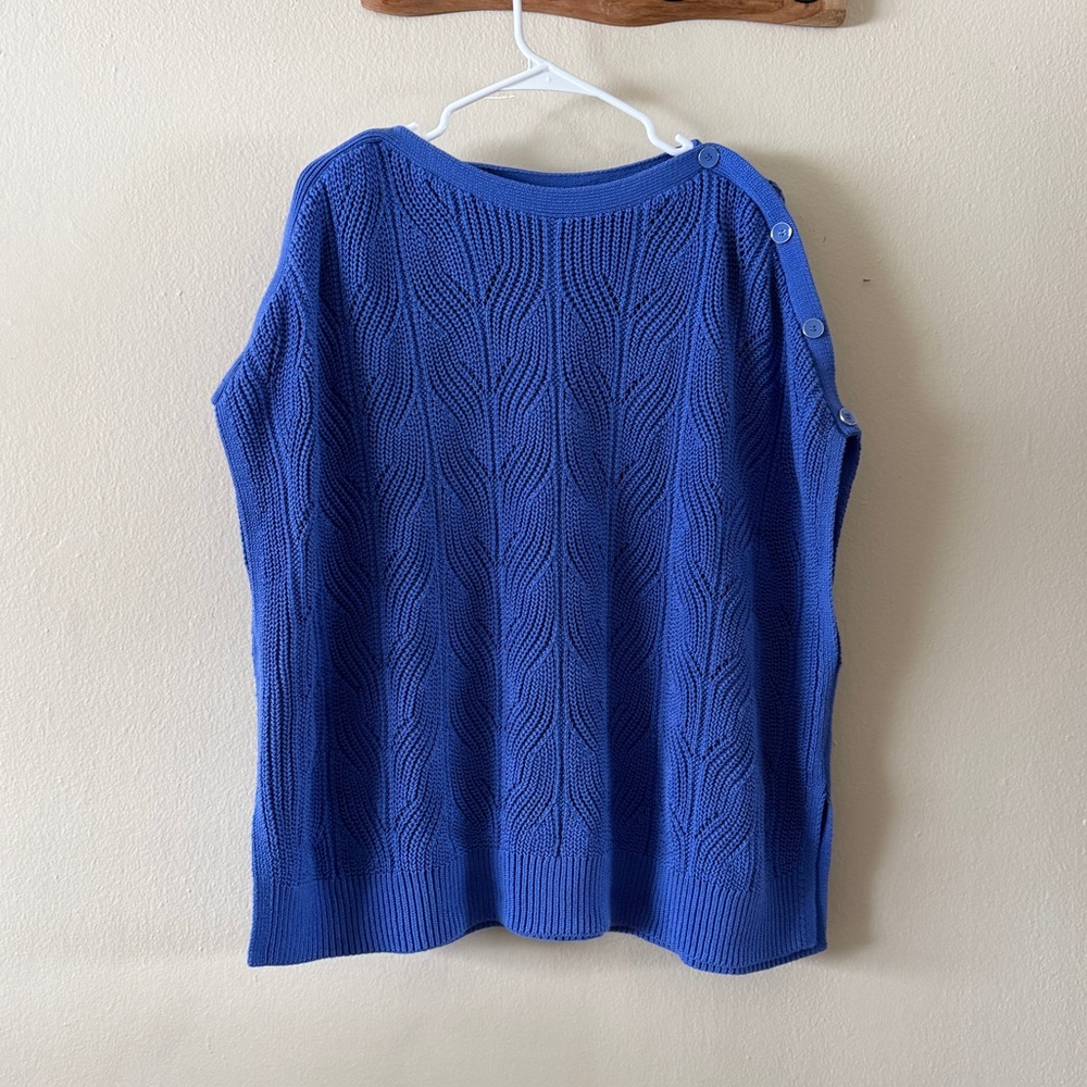 Talbots Blue Chevron Knit Boat Neck Tonal Button Poncho Sweater size XS / S